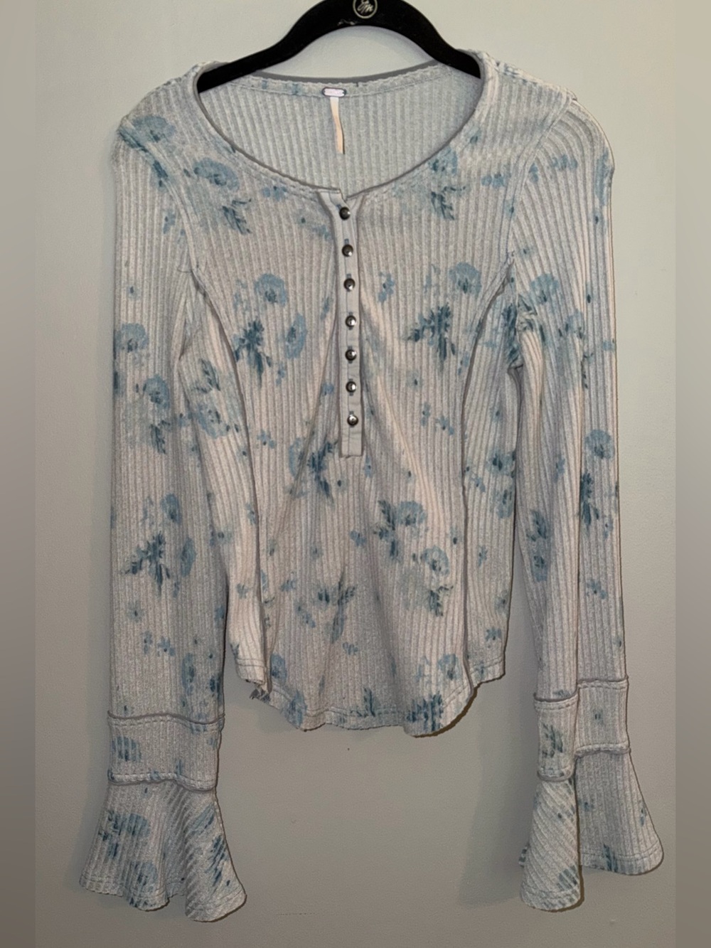 Free People Blue Floral Ribbed Henley with Flared Cuffs